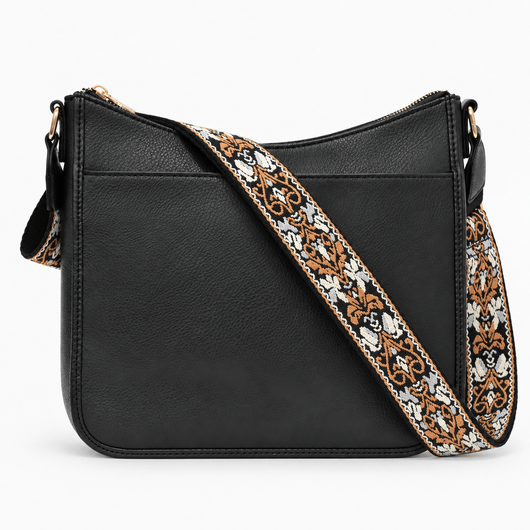 The Sunday Avenue Black Bailey Brown Faux Leather Crossbody Bag with Patterned Strap