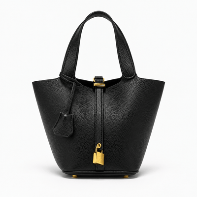 The Sunday Avenue Black Black Grained Leather Bucket Bag with Gold-Tone Padlock