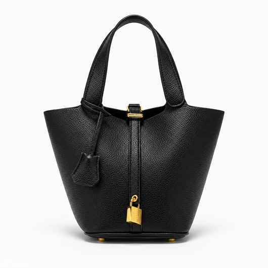 The Sunday Avenue Black Black Grained Leather Bucket Bag with Gold-Tone Padlock