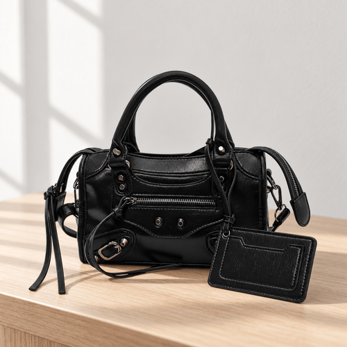 Black Retro Synthetic Leather Studded Handbag