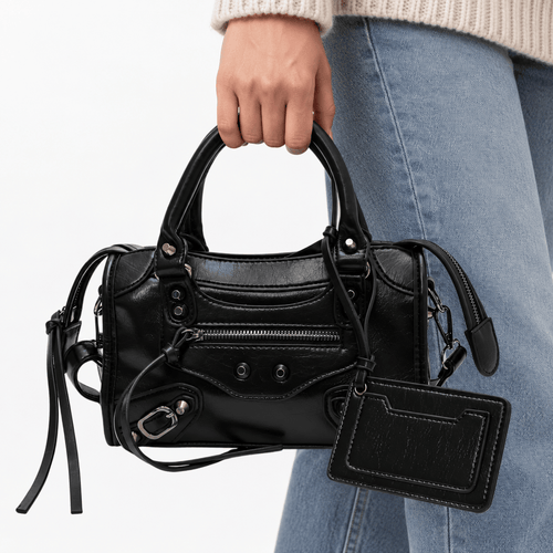 Black Retro Synthetic Leather Studded Handbag