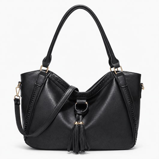 The Sunday Avenue Black Brown Whipstitch Fringe Tote Bag with Tassel Charm