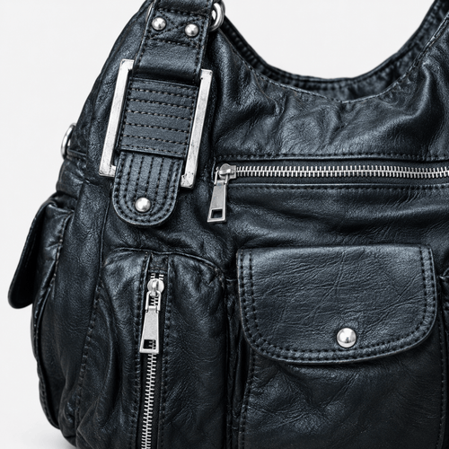 Clémentine Black Faux Leather Multi-Pocket Shoulder Bag