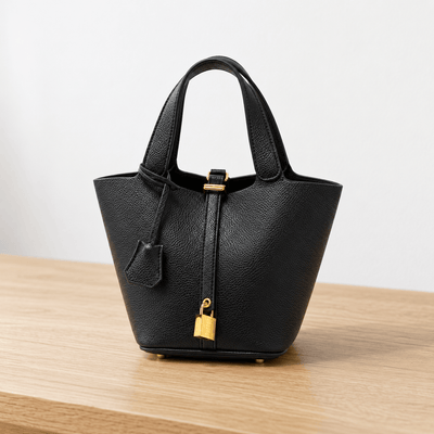 The Sunday Avenue Black Grained Leather Bucket Bag with Gold-Tone Padlock