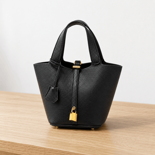 The Sunday Avenue Black Grained Leather Bucket Bag with Gold-Tone Padlock