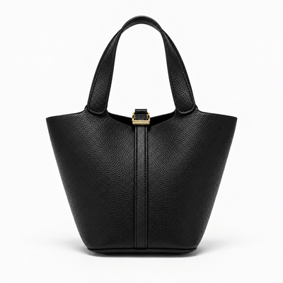 The Sunday Avenue Black Grained Leather Bucket Bag with Gold-Tone Padlock