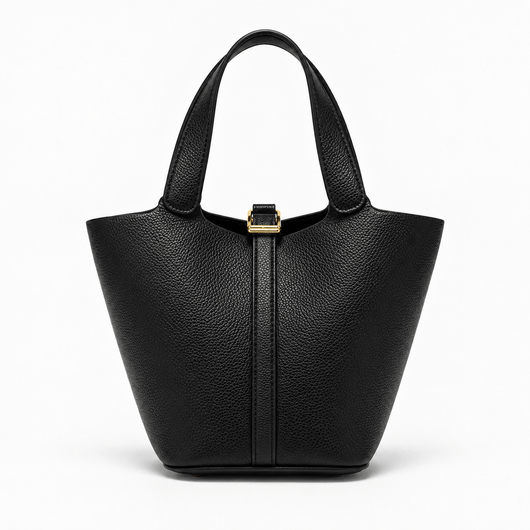 The Sunday Avenue Black Grained Leather Bucket Bag with Gold-Tone Padlock
