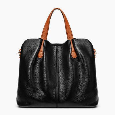 The Sunday Avenue Black Grey Genuine Cowhide Leather Litchi Grain Top Handle Shoulder Handbag