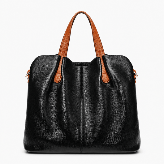 The Sunday Avenue Black Grey Genuine Cowhide Leather Litchi Grain Top Handle Shoulder Handbag