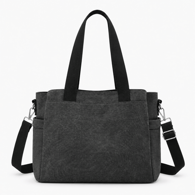 The Sunday Avenue Black Hannah Beige Canvas Tote Bag with Detachable Crossbody Strap