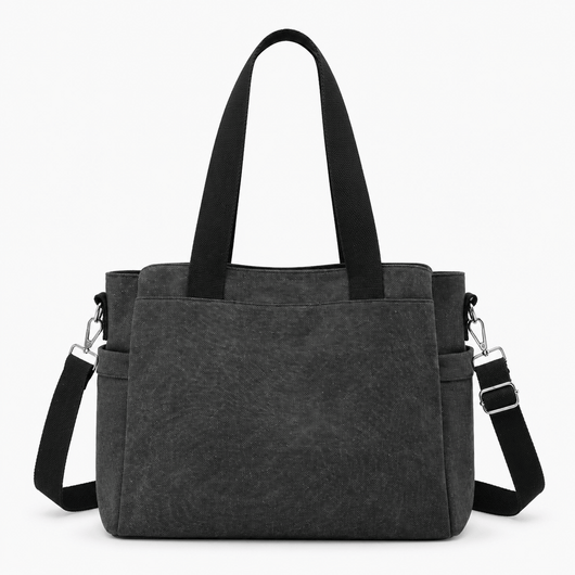 The Sunday Avenue Black Hannah Beige Canvas Tote Bag with Detachable Crossbody Strap