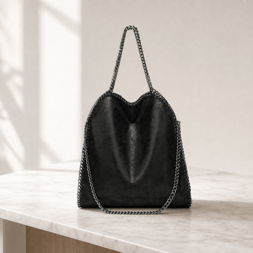 Konie Black Leather Slouchy Shoulder Handbag with Chain Strap