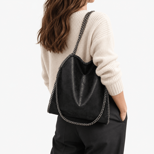 Konie Black Leather Slouchy Shoulder Handbag with Chain Strap