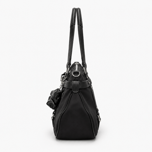 KOREE Black Faux Leather Shoulder Tote Bag with Bow Charm