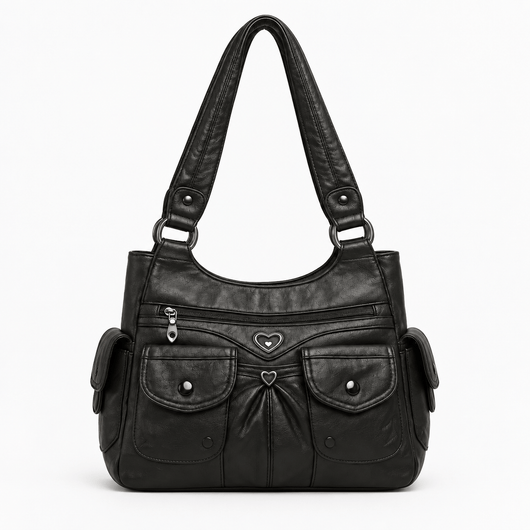 The Sunday Avenue Black Louise Black PU Leather Multi-Pocket Shoulder Bag