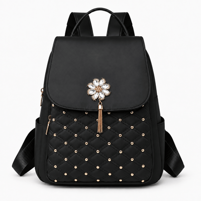 The Sunday Avenue Black Pink Quilted Purse Backpack with Pearl Flower Accent
