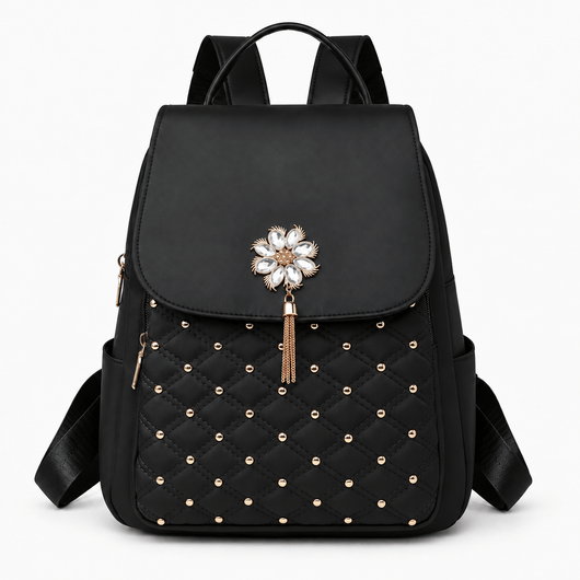 The Sunday Avenue Black Pink Quilted Purse Backpack with Pearl Flower Accent