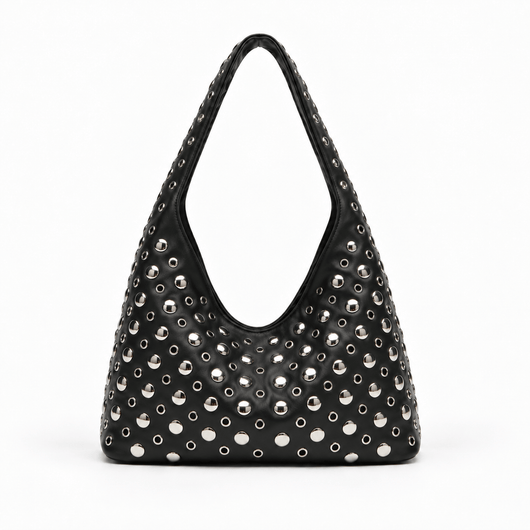 The Sunday Avenue Black Vivian Black PU Leather Rivet Hobo Shoulder Bag