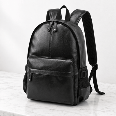 The Sunday Avenue Black Waterproof PU Leather 17-Inch Laptop Backpack