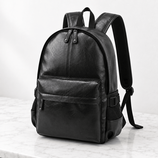The Sunday Avenue Black Waterproof PU Leather 17-Inch Laptop Backpack