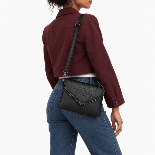 The Sunday Avenue Black Women's Black Faux Leather Crossbody Bag with Chain Detail