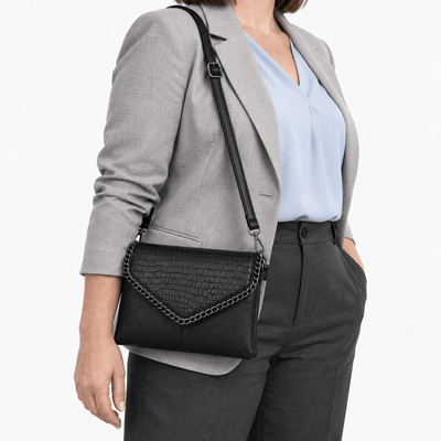 The Sunday Avenue Black Women's Black Faux Leather Crossbody Bag with Chain Detail