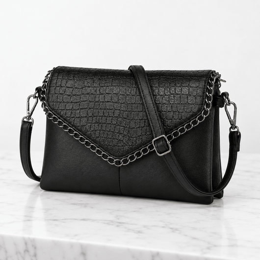The Sunday Avenue Black Women's Black Faux Leather Crossbody Bag with Chain Detail