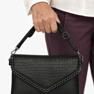 The Sunday Avenue Black Women's Black Faux Leather Crossbody Bag with Chain Detail