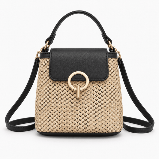 The Sunday Avenue Black Women's Grey & Beige Woven Bucket Crossbody Beach Bag