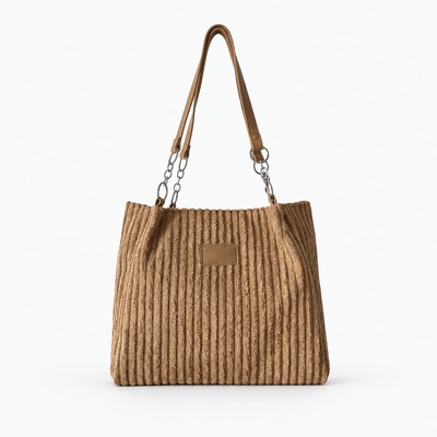 The Sunday Avenue Brown Beige Corduroy Tote Bag with Brown Shoulder Straps