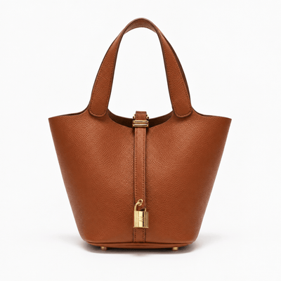 The Sunday Avenue Brown Black Grained Leather Bucket Bag with Gold-Tone Padlock