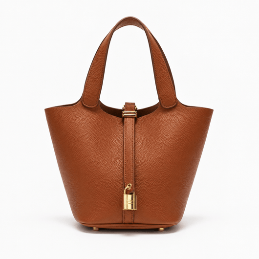 The Sunday Avenue Brown Black Grained Leather Bucket Bag with Gold-Tone Padlock