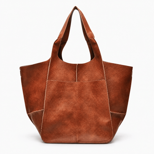 The Sunday Avenue Brown Brown Oversized PU Leather Tote Bag with Wide Straps