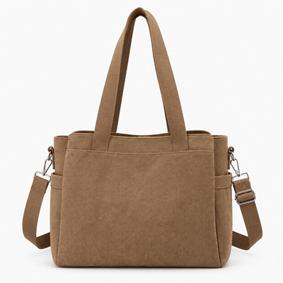 The Sunday Avenue Brown Hannah Beige Canvas Tote Bag with Detachable Crossbody Strap