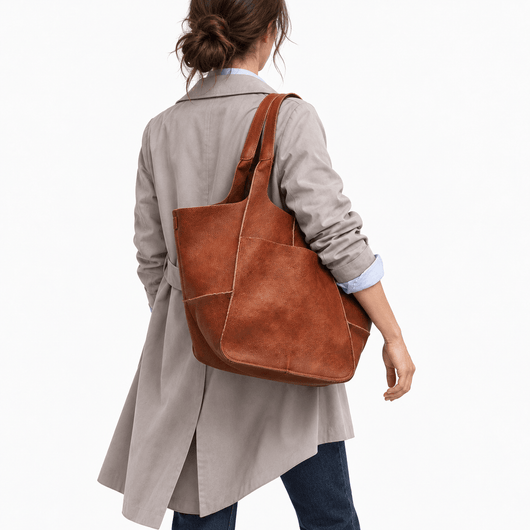 The Sunday Avenue Brown Oversized PU Leather Tote Bag with Wide Straps