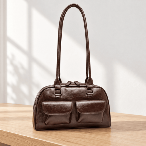 Brown Synthetic Leather Multi-Pocket Handbag