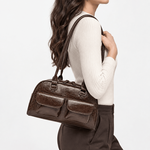 Brown Synthetic Leather Multi-Pocket Handbag