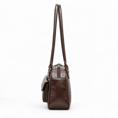 Brown Synthetic Leather Multi-Pocket Handbag