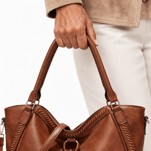 The Sunday Avenue Brown Whipstitch Fringe Tote Bag with Tassel Charm