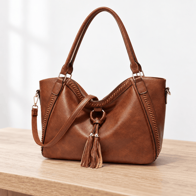 The Sunday Avenue Brown Whipstitch Fringe Tote Bag with Tassel Charm