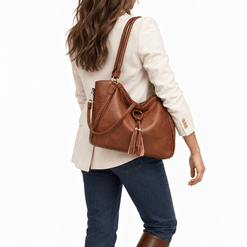 Whipstitch Fringe Tote Bag with Tassel Charm - Zora