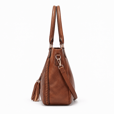 The Sunday Avenue Brown Whipstitch Fringe Tote Bag with Tassel Charm