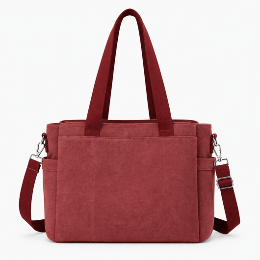 The Sunday Avenue Burgundy Hannah Beige Canvas Tote Bag with Detachable Crossbody Strap