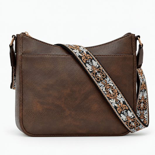 The Sunday Avenue Coffee Bailey Brown Faux Leather Crossbody Bag with Patterned Strap