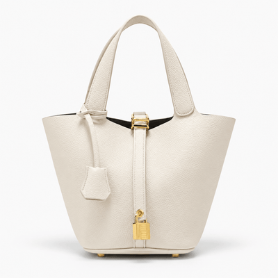 The Sunday Avenue Cream Black Grained Leather Bucket Bag with Gold-Tone Padlock