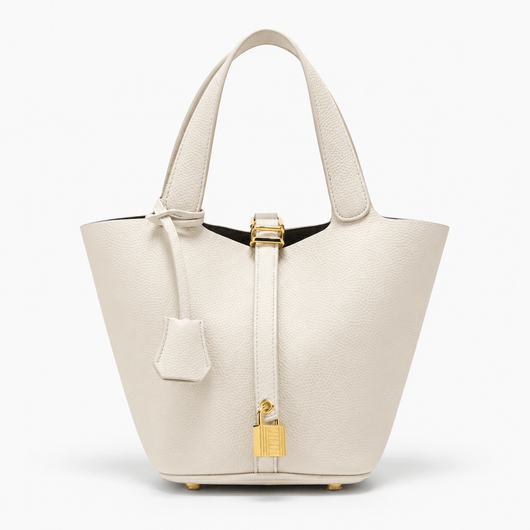 The Sunday Avenue Cream Black Grained Leather Bucket Bag with Gold-Tone Padlock