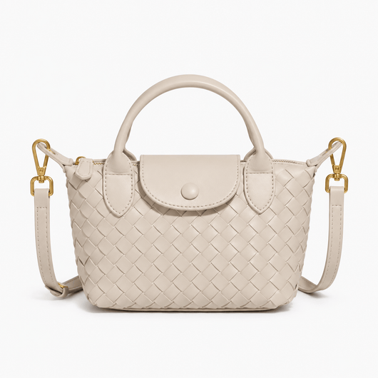 The Sunday Avenue Cream Dark Brown Woven Mini Crossbody Bag with Top Handles