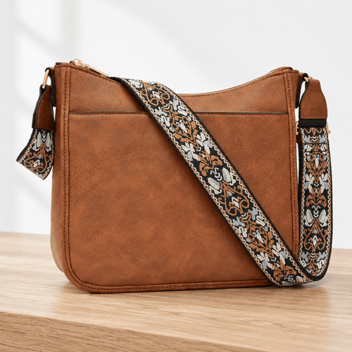 Faux Leather Crossbody Bag with Patterned Strap - Dulcie