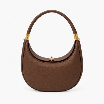 The Sunday Avenue Dark Brown Celeste Cream Pebbled Leather Crescent Shoulder Bag