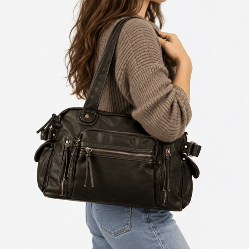Dark Brown Vintage Multi-Pocket School Shoulder Bag